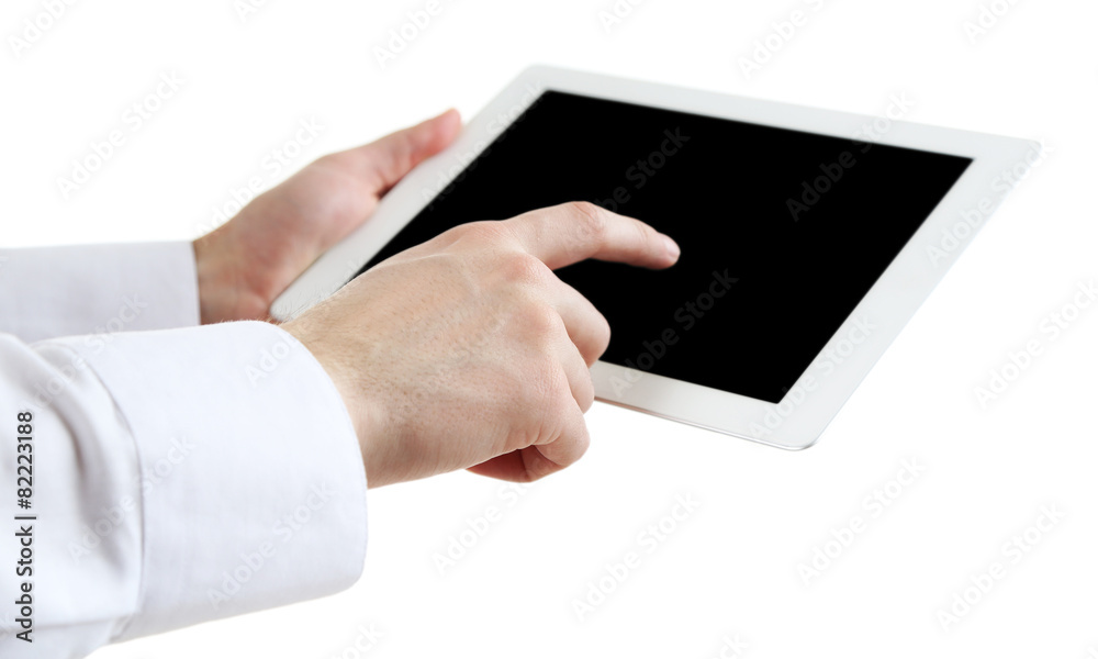 Male hands holding digital tablet isolated on white Male hands holding digital tablet isolated on white