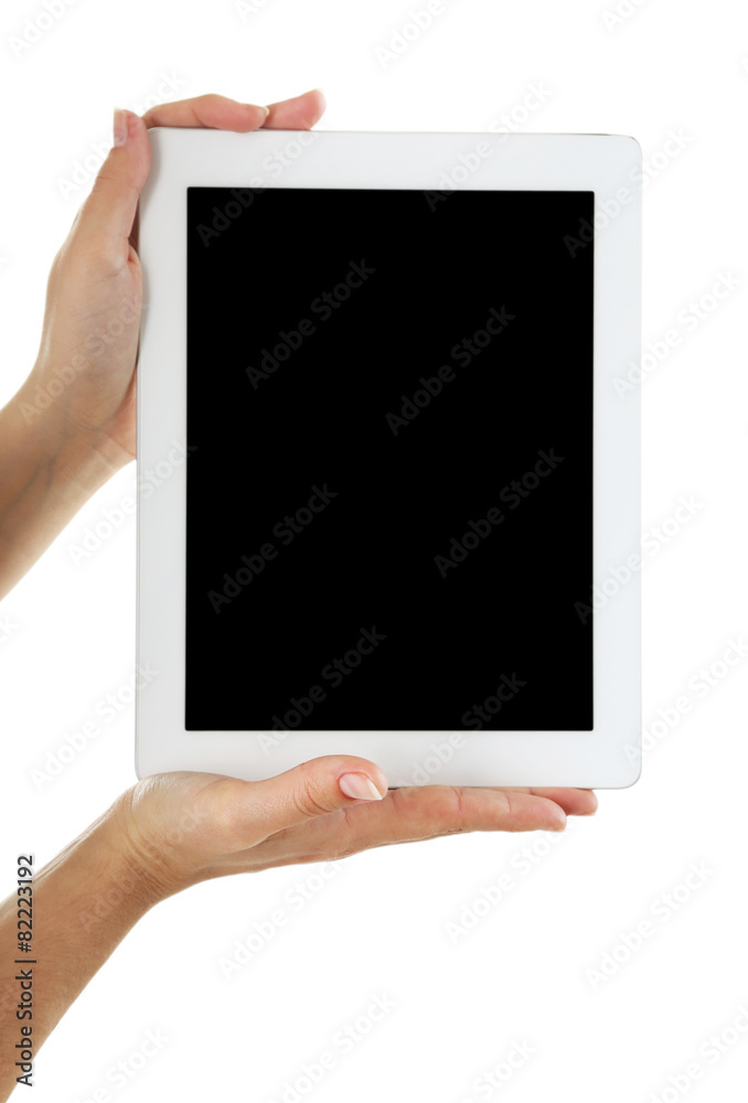 Female hands holding digital tablet isolated on white Female hands holding digital tablet isolated on white