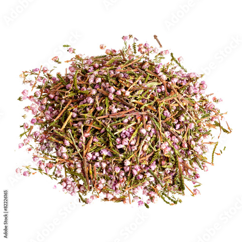 Heather blossom tea isolated on the white background.