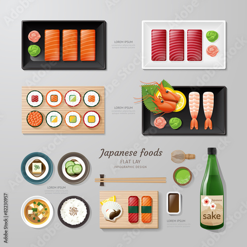 Infographic japanese foods business flat lay idea. Vector illust