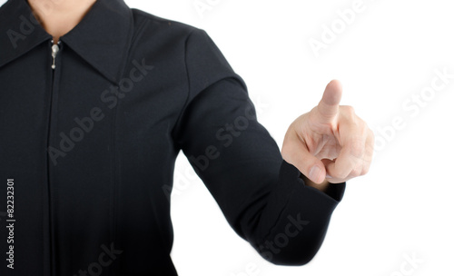 Woman finger pointing on white background