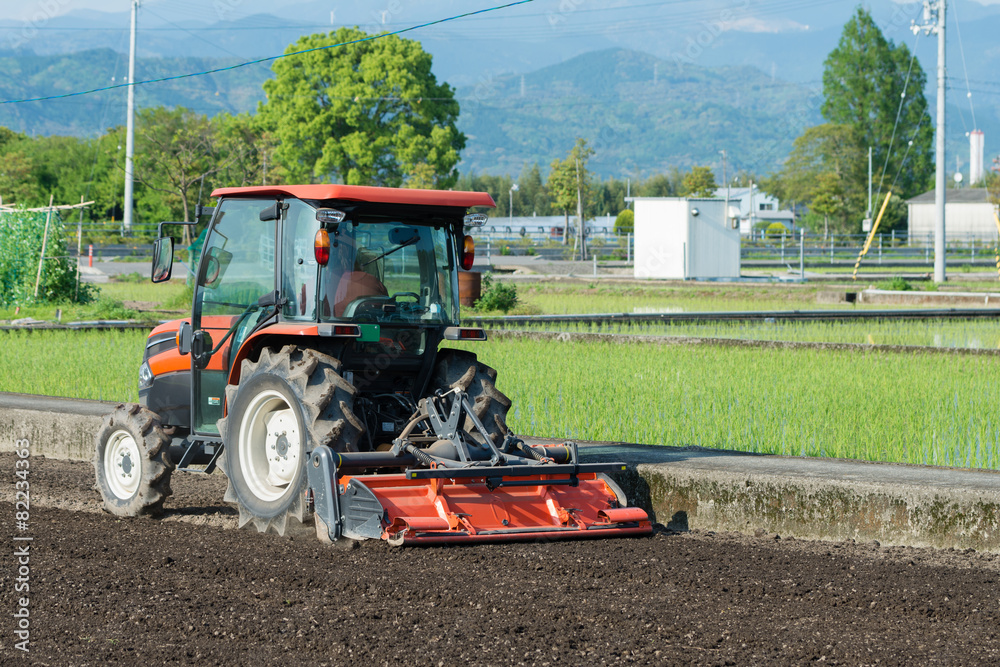 Fototapeta premium Tractor Tilling a Rice Field