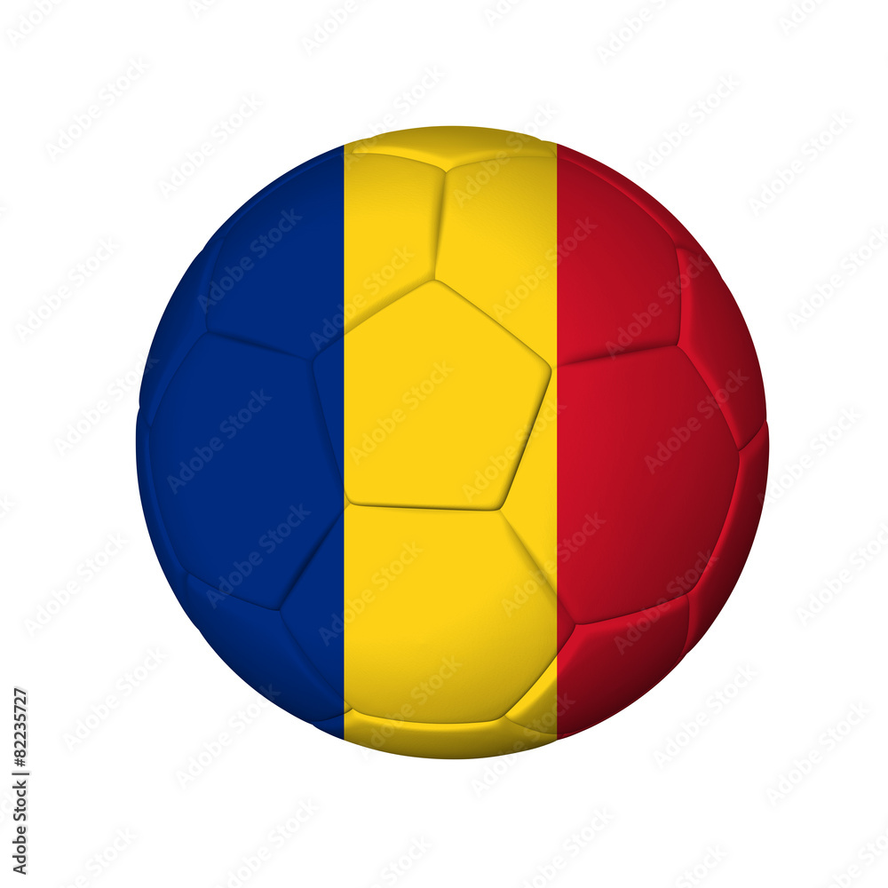 Soccer football ball with Romania flag. Isolated on white.