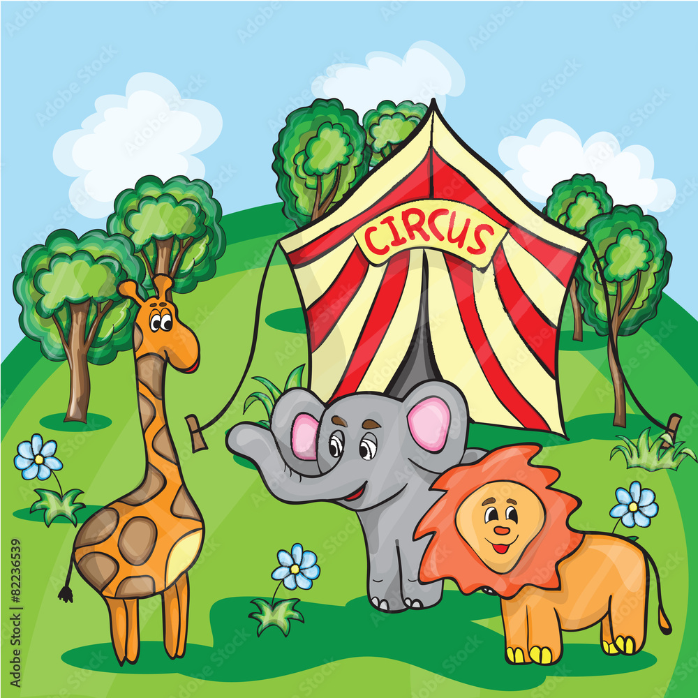 Obraz premium Bright cartoon illustration for children with circus animals