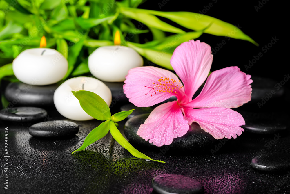 beautiful spa setting of pink hibiscus flower, twigs bamboo and