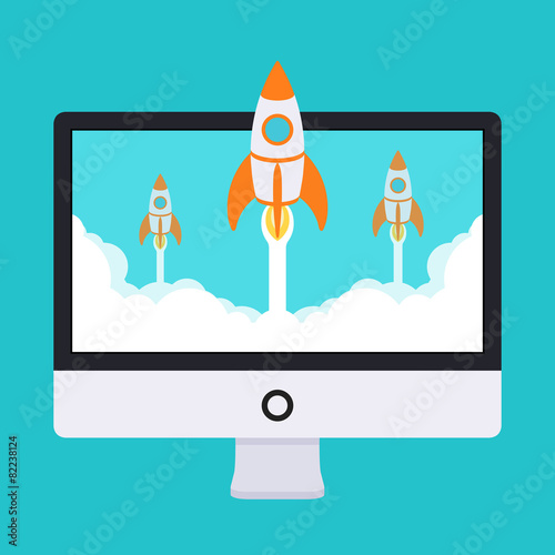 Startup illustration. Rockets takes off from the monitor in