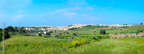 Panorama view of Mgarr city with green field. Gozo, Malta