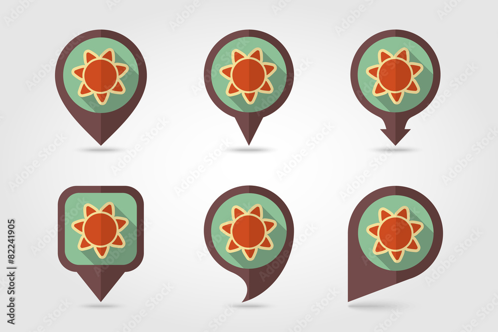 Sun flat mapping pin icon with long shadow Sun flat mapping pin icon with long shadow
