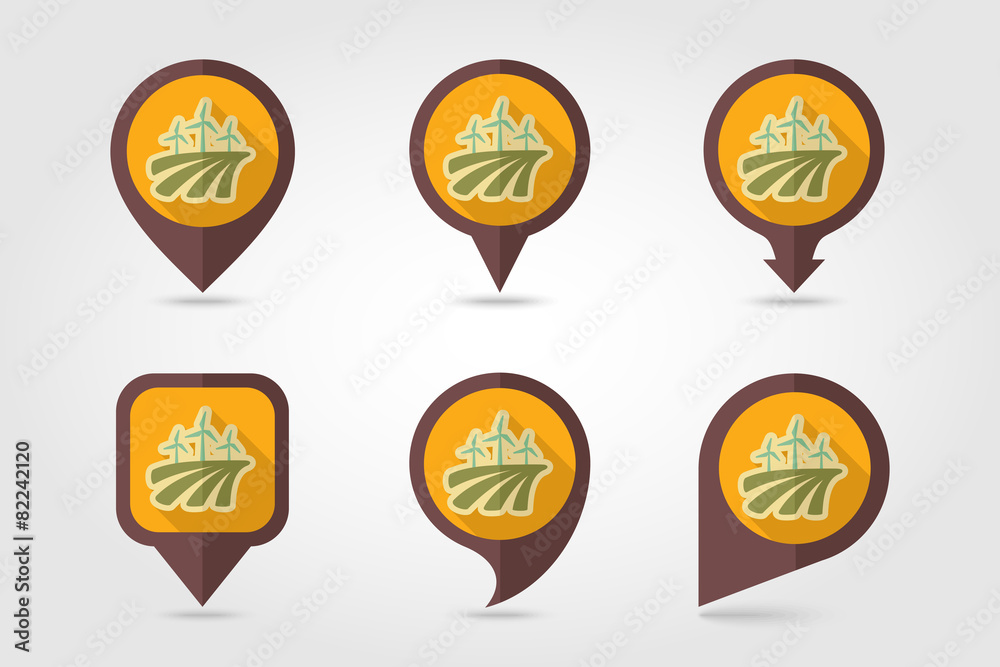 Obraz premium Windmill field flat mapping pin icon with long shadow