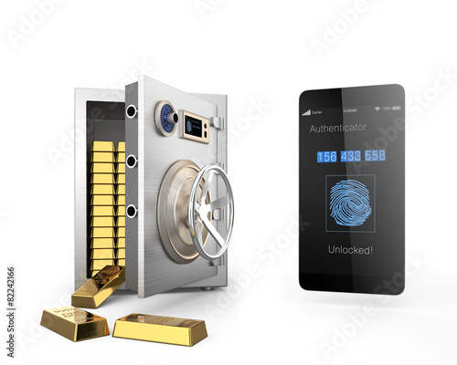 Smart phone unlocked metal safe and many gold bars inside photo