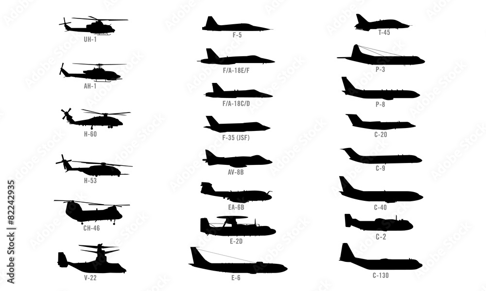 US Modern Military Aircraft Silhouettes Set Isolated Vector ...