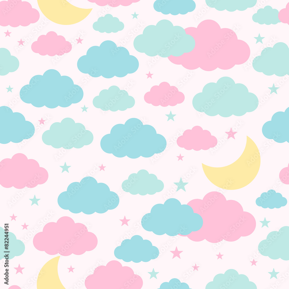 Childish seamless background with moon clouds and stars