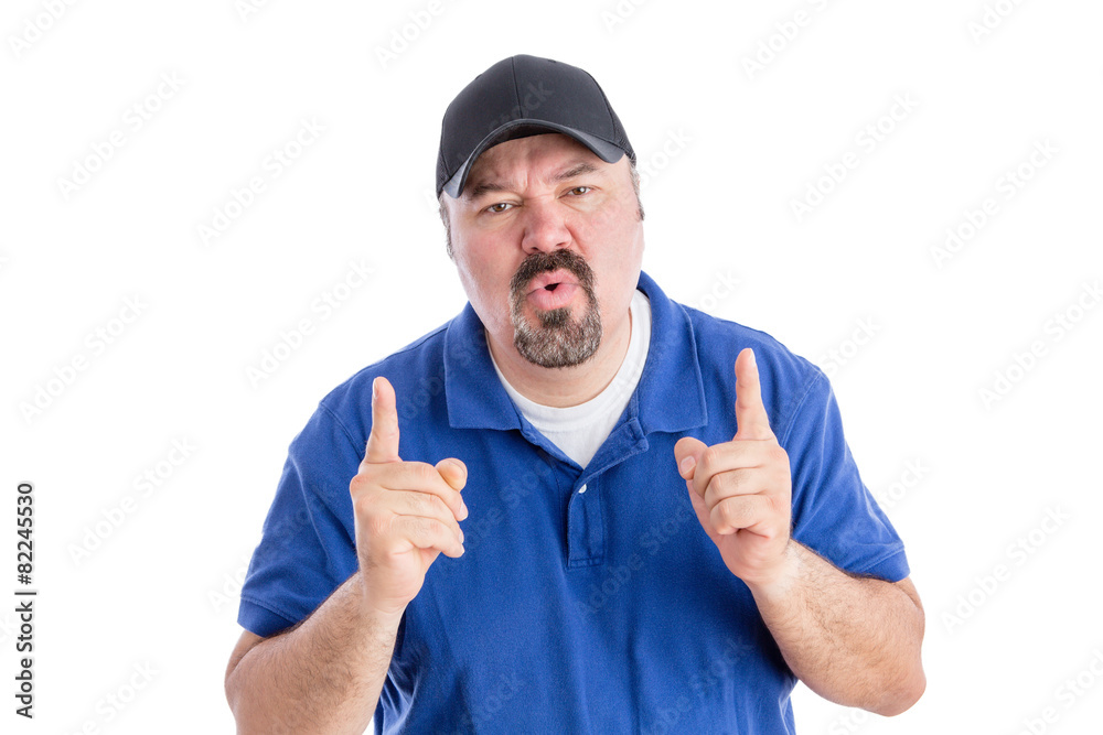 Perplexed man pointing upwards Perplexed man pointing upwards
