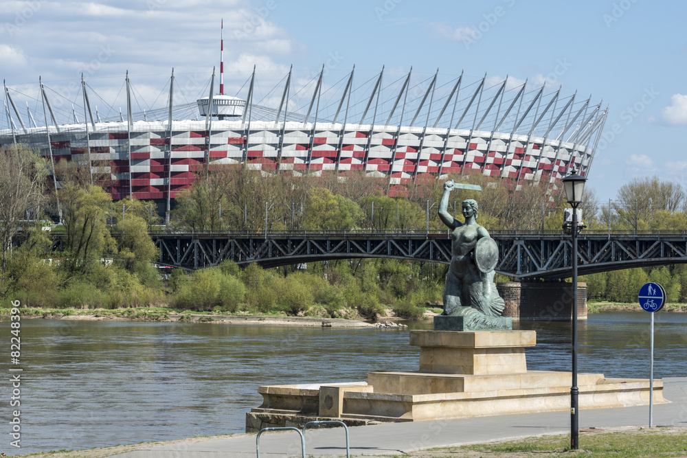 National Stadium and Statue of Mermaid in Warsaw, Poland - obrazy, fototapety, plakaty 