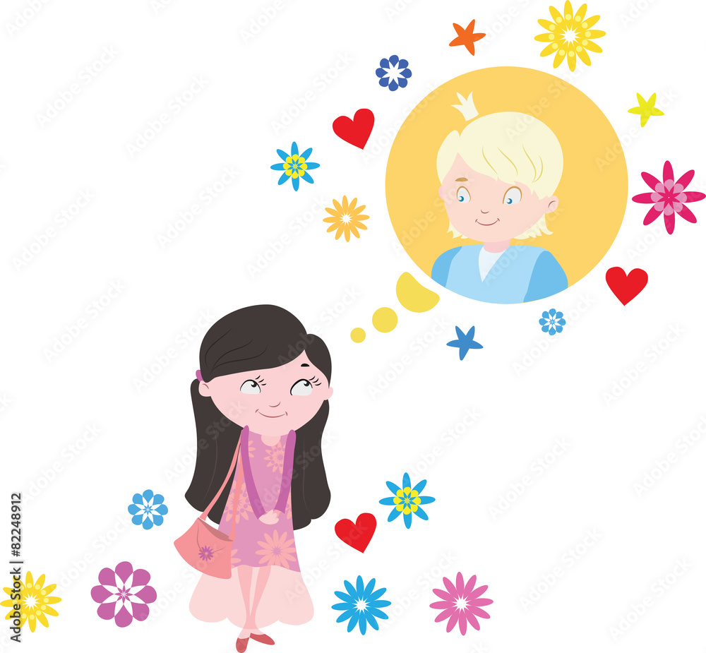 Girl dreams of a boy fun cartoon vector illustration