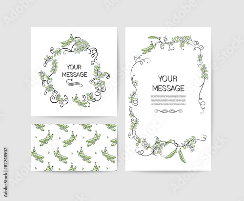 Invitation cards with cartoon peas and calligraphic elements.