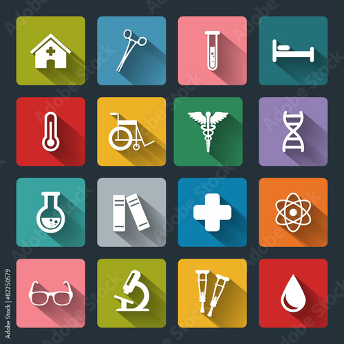 Set of vector Medical Icons in flat style with long shadows