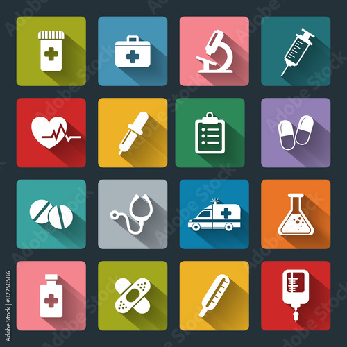 Set of vector Medical Icons in flat style with long shadows