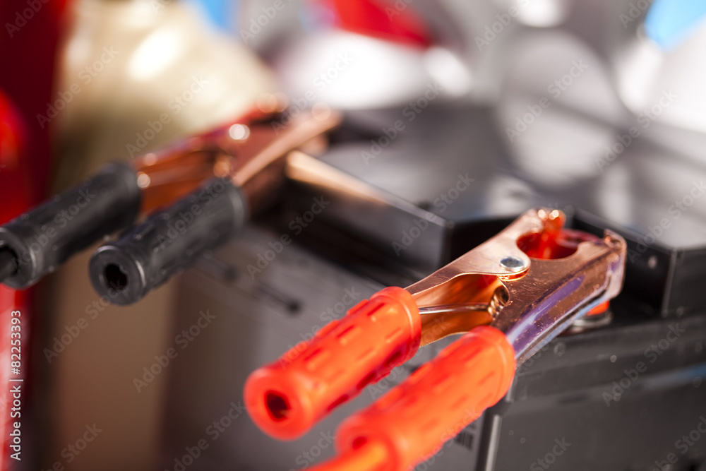 Set of auto parts, car battery on vivid moto concept Set of auto parts, car battery on vivid moto concept
