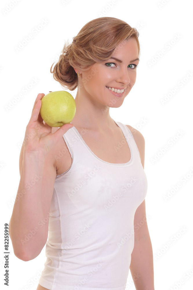 young fitness woman happy smiling holding apple young fitness woman happy smiling holding apple