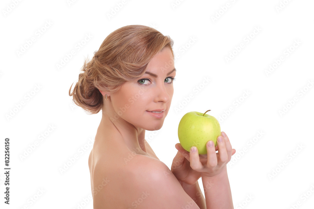 young fitness woman happy smiling holding apple young fitness woman happy smiling holding apple