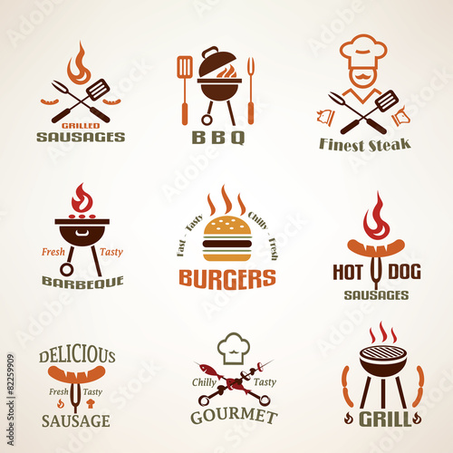 Set of vintage barbecue and grill labels, badges and design elem