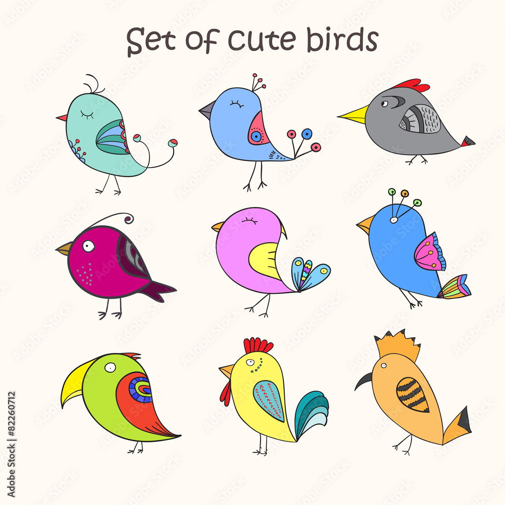 Set of 9 cute birds in vector. Colorful birds doodle collection.