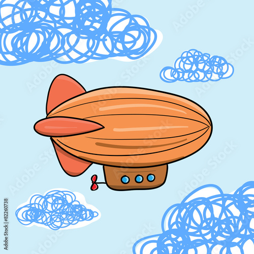Zeppelin in the cloud sky. Vintage Cartoon Zeppelin