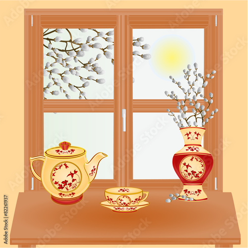 Spring window with pussy willow vector