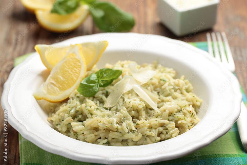 Risotto with Parmesan on a rustic table