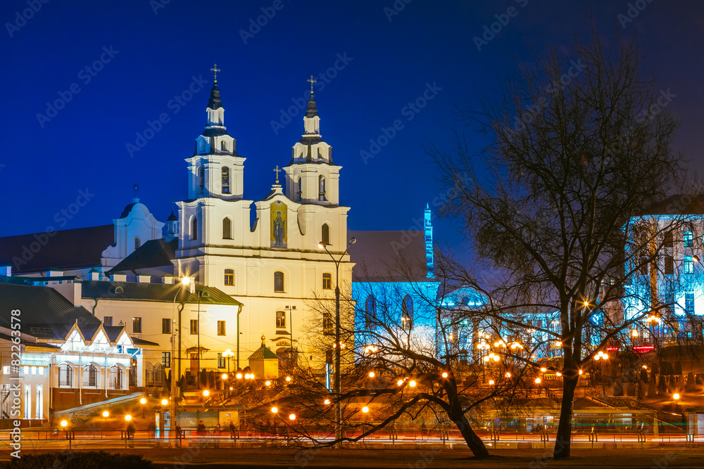 Night Scene Building Of The Cathedral Of Holy Spirit In Minsk -