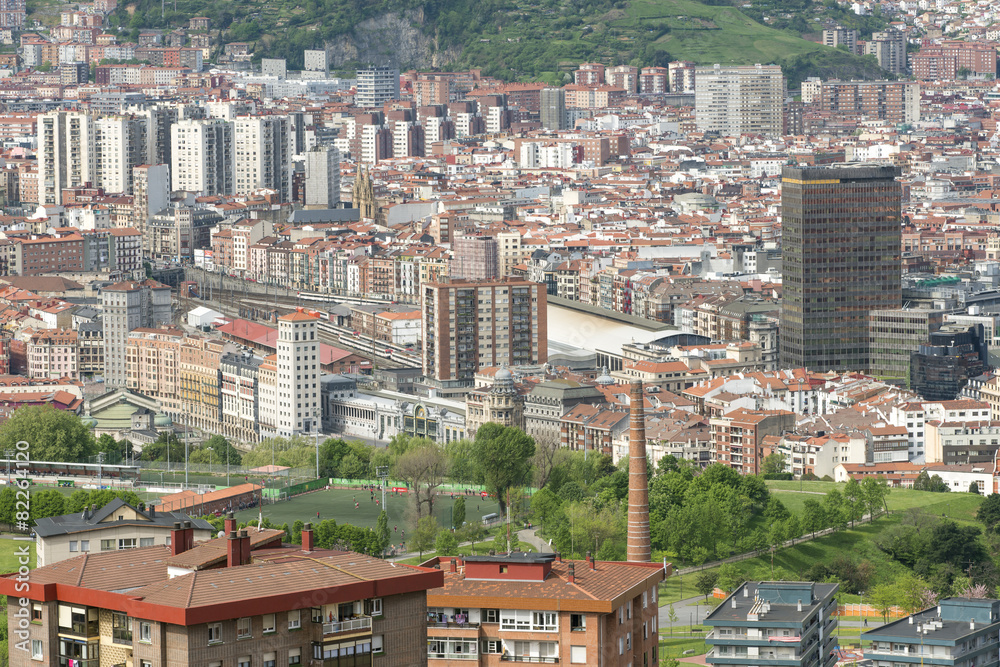 Aerial views of city center Bilbao, Bizkaia, Basque country, Spa
