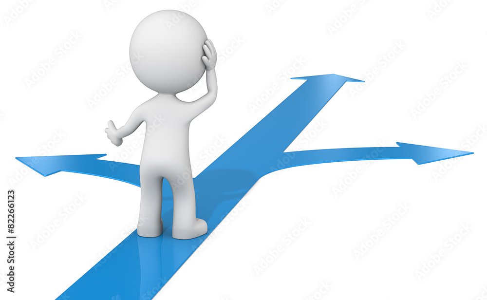Choice.The dude 3D character choosing between 3 blue ways. Choice.The dude 3D character choosing between 3 blue ways.