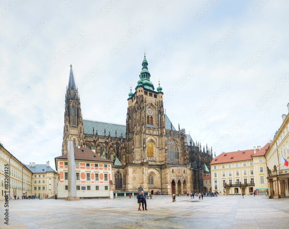 St. Vitus Cathedral surrounded by tourists in Prague