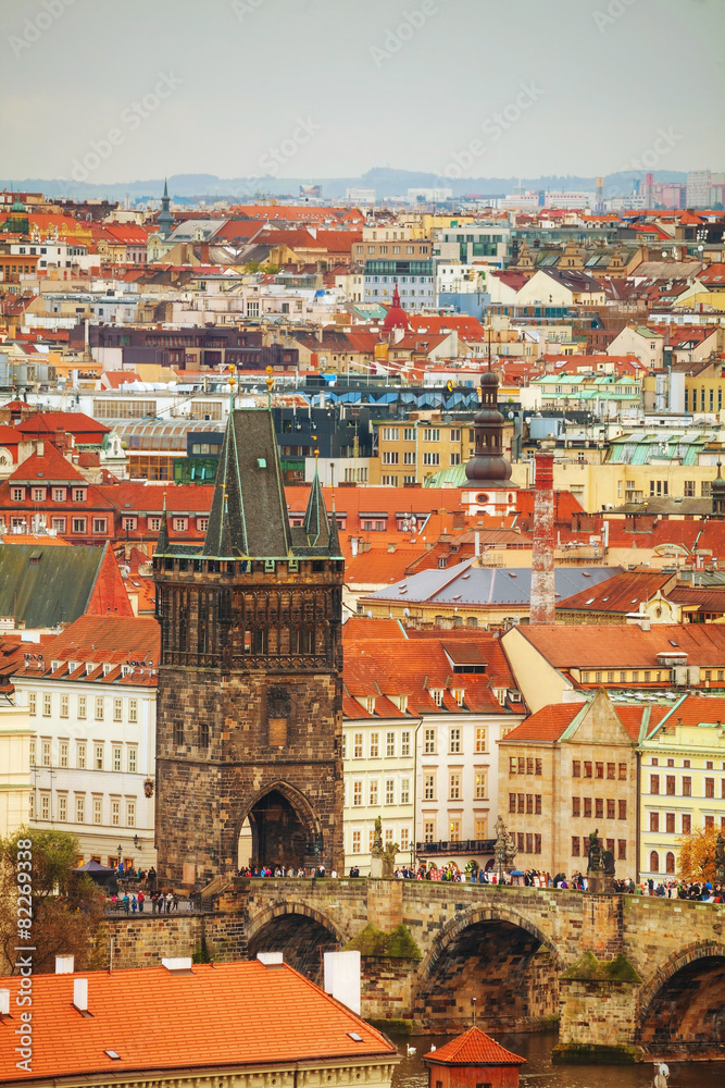 Overview of old Prague with Charles bridge