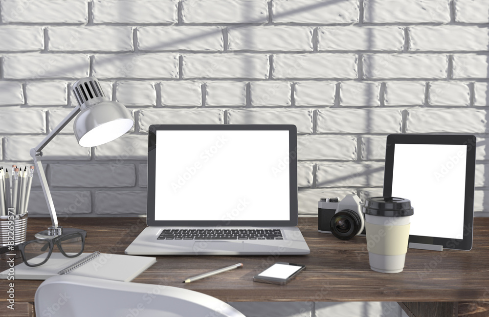3D illustration laptopand work stuff on table near brick wall 3D illustration laptopand work stuff on table near brick wall