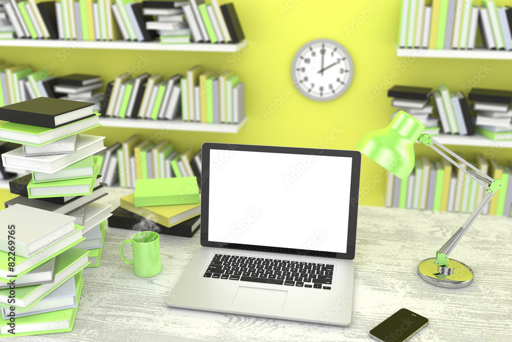 3D illustration laptop and books, Workspace 3D illustration laptop and books, Workspace