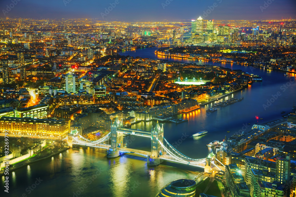 Aerial overview of London city with the Tower bridge