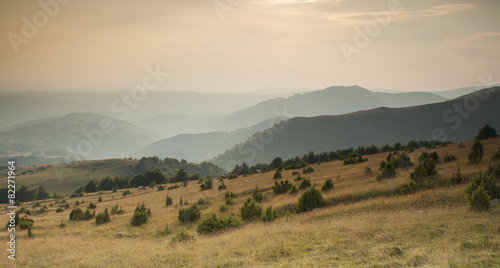 Sunset over the pasture of Golija mountain in Serbia