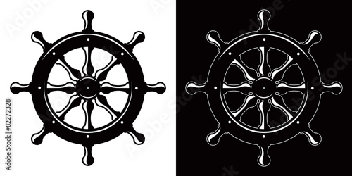 ship steering wheel isolated on white and black background