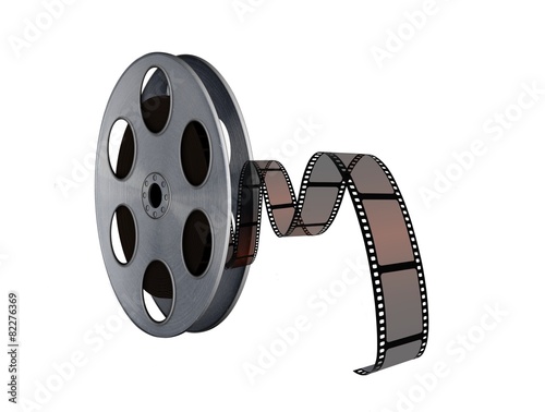 Film reel with twisted cinema tape on white