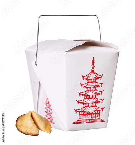 chinese food box container with fortune cookie isolated on white