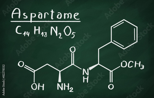 Chemical formula of Aspartame on a blackboard