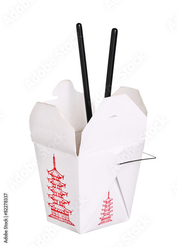 chinese food box container and chopsticks isolated on white back