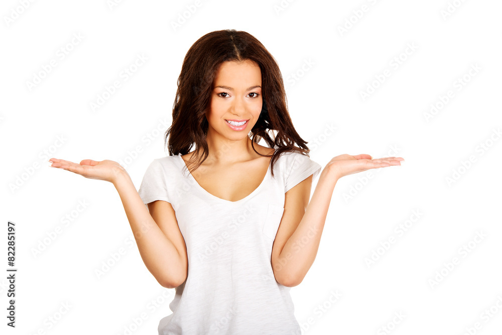 Woman holding something on palms. Woman holding something on palms.