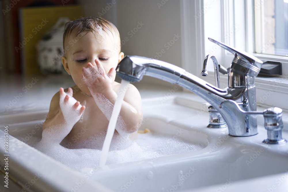 Boy taking bath in kitchen sink Stock Photo Adobe Stock