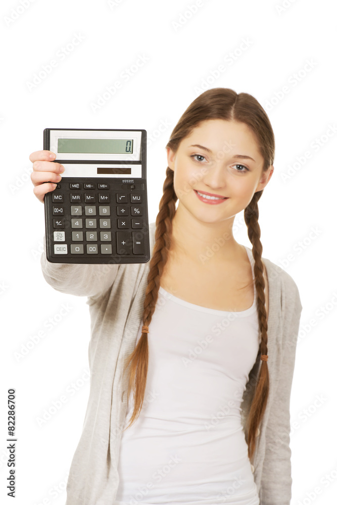 Young woman hold digital calculator. Young woman hold digital calculator.