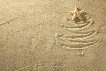 Christmass tree from shells on sand background