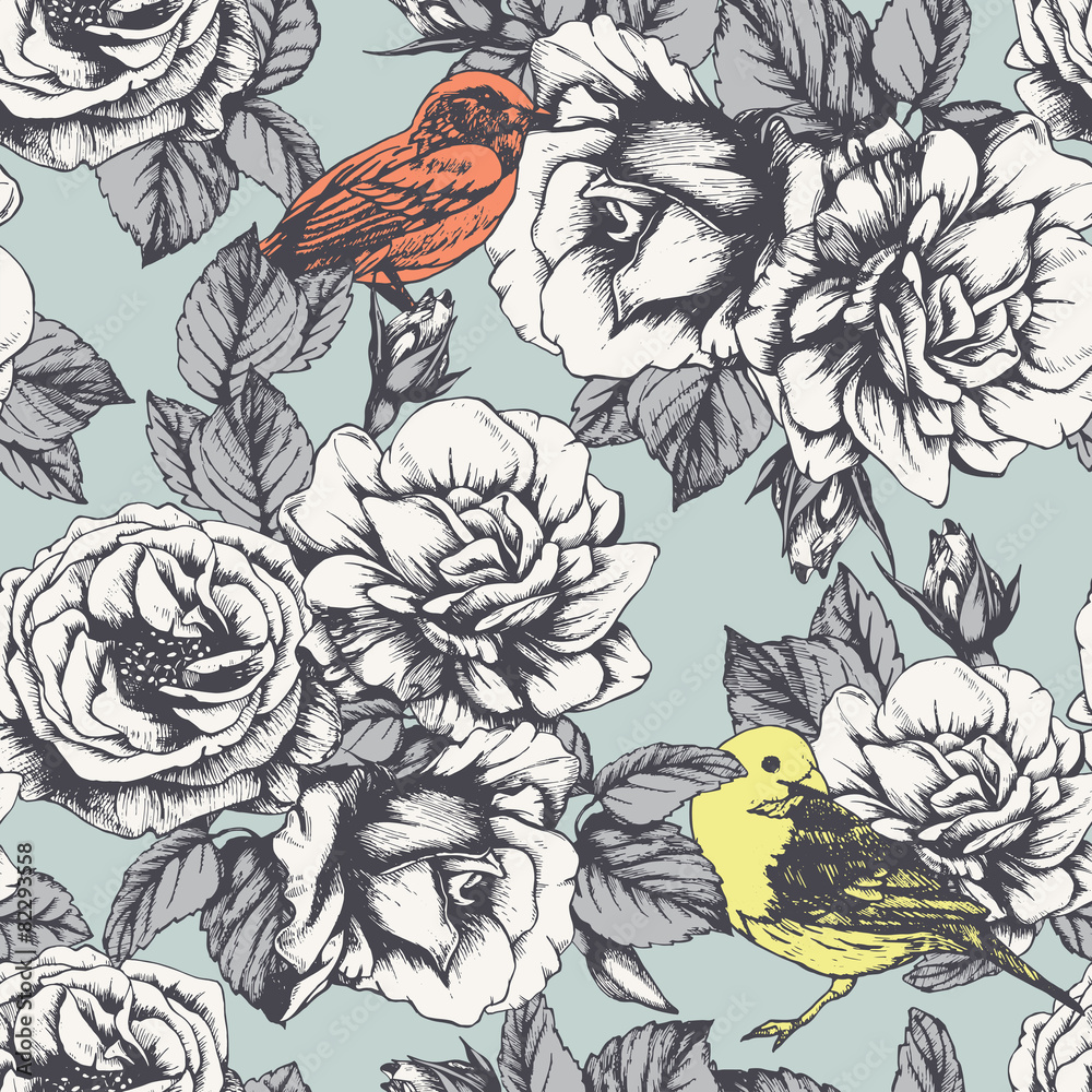 Seamless floral pattern with hand-drawn roses and birds. Vector - obrazy, fototapety, plakaty 