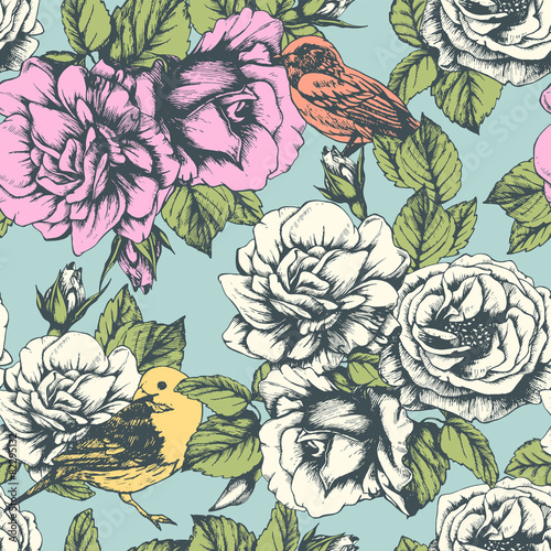 Seamless pattern with hand-drawn flowers and birds. Vector
